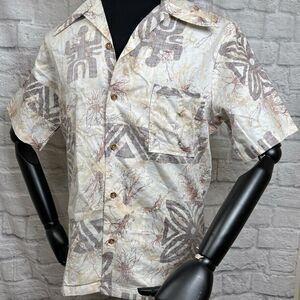 Vtg Laguna Beige Tapa Reverse Print Coral Hawaiian Shirt Men's Medium Aloha